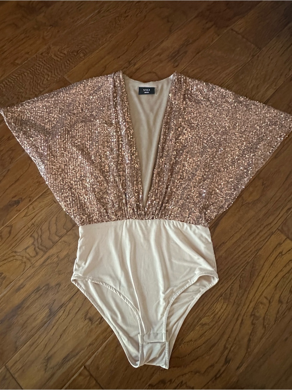 VICI Rose Gold Sequin & Cream Deep V Bodysuit